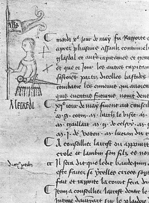 〈参考図1〉1429年5月10日、パリ高等法院書記官クレマン・ド・フォーカン<br>ベルグが執務記録の余白に記した素描。（フランス国民議会図書館蔵）